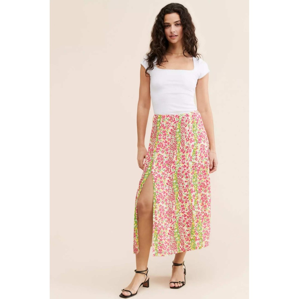 Anthropologie Maeve The Lille Side-Slit Midi Skirt 14 Pink 100% Cotton Floral